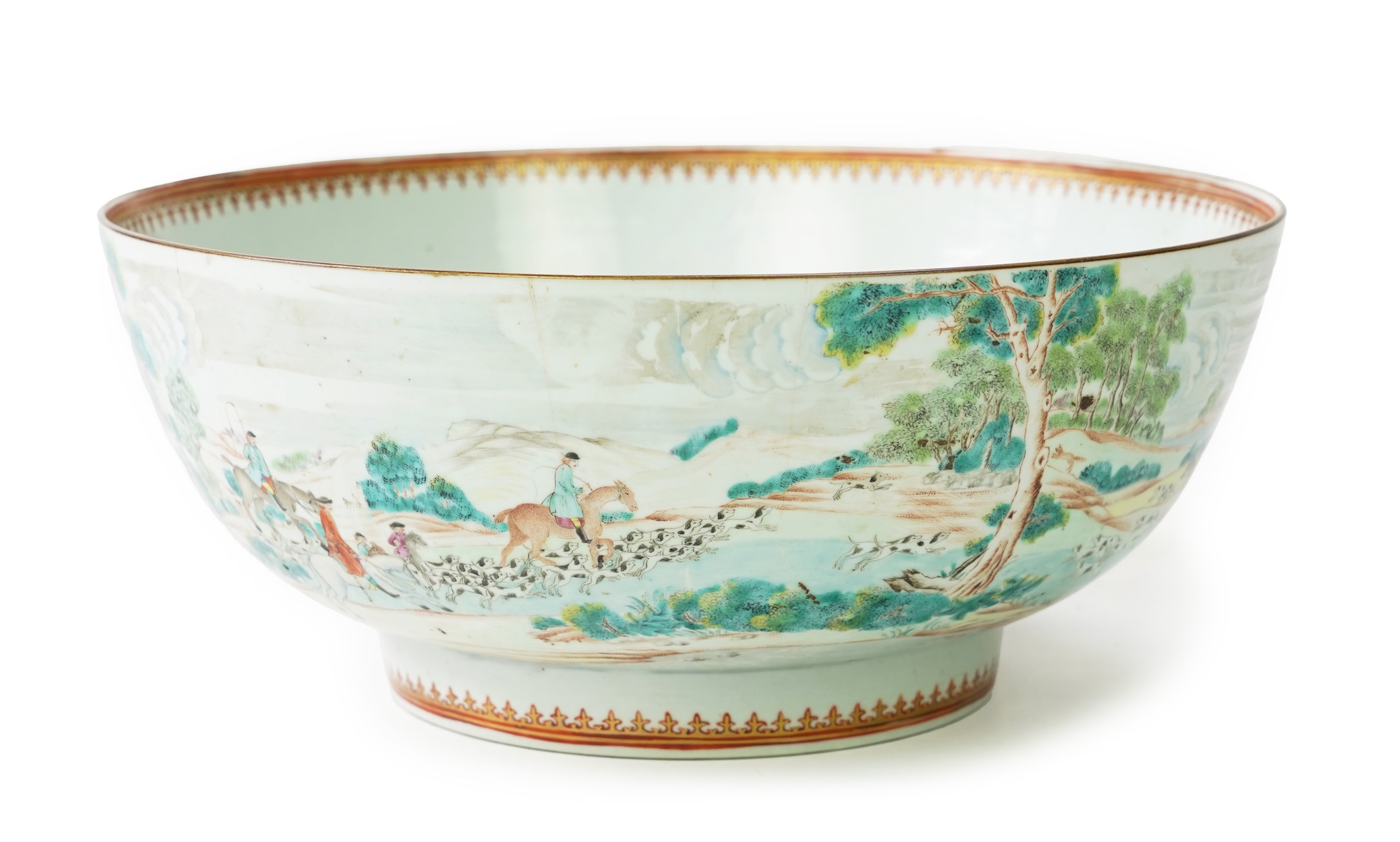 A large Chinese European subject ‘hunting’ punch bowl, Qianlong period